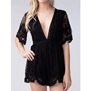 NWT She + Sky Black Lace Romper Deep Plunge LuLu's
